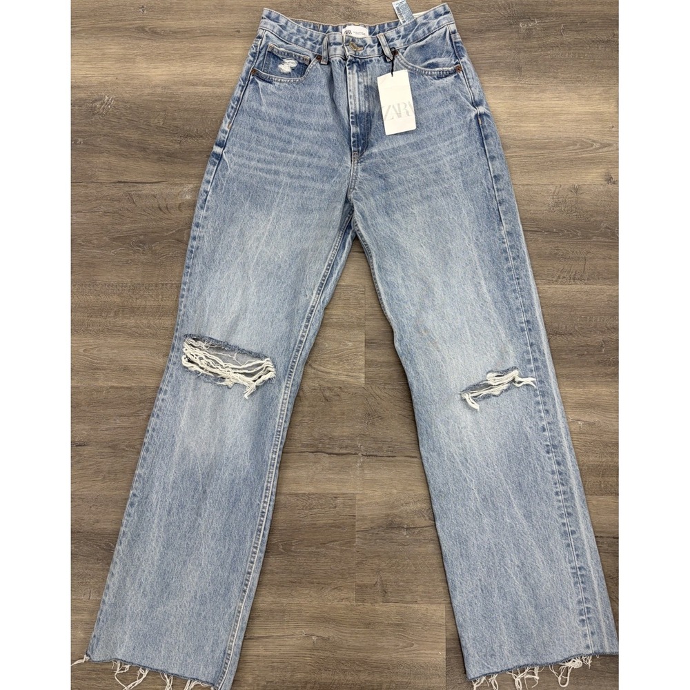 Zara High-Rise Full Length Wide Leg Light Wash Distressed Jeans Size 8 NWT
